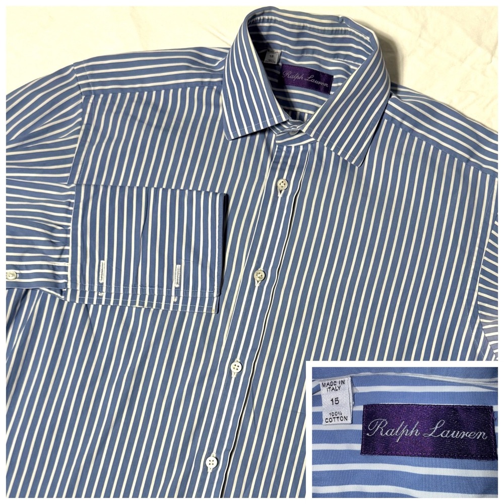 Ralph Lauren Purple Label Dress Shirt Mens 15 Blue White Stripe Made in Italy